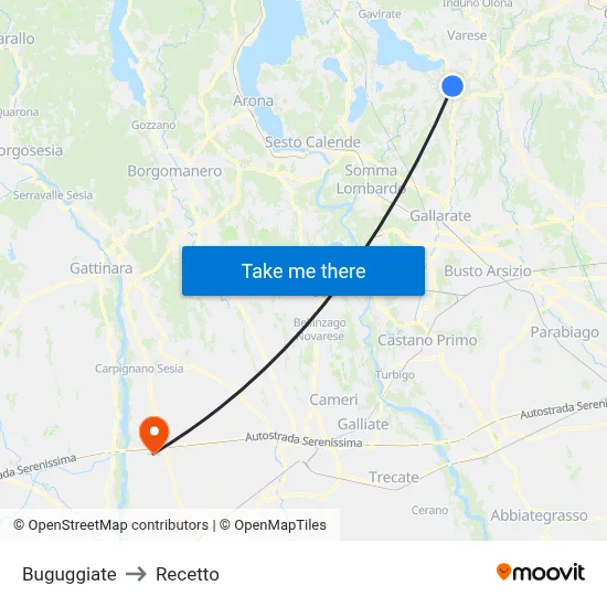 Buguggiate to Recetto map