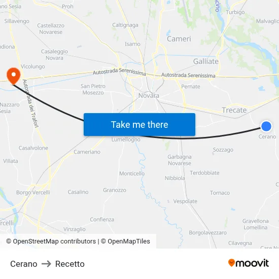 Cerano to Recetto map