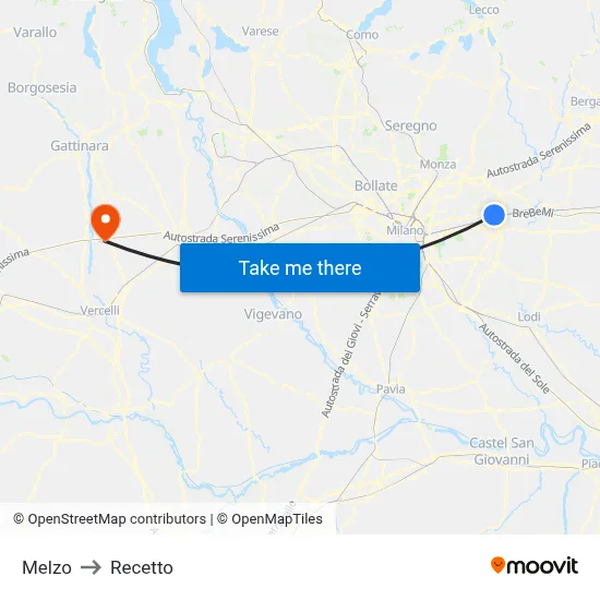 Melzo to Recetto map