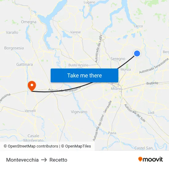 Montevecchia to Recetto map