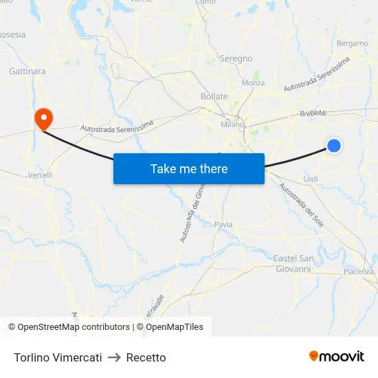 Torlino Vimercati to Recetto map