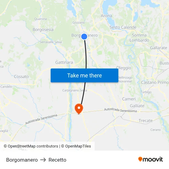 Borgomanero to Recetto map