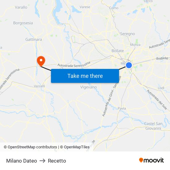 Milano Dateo to Recetto map