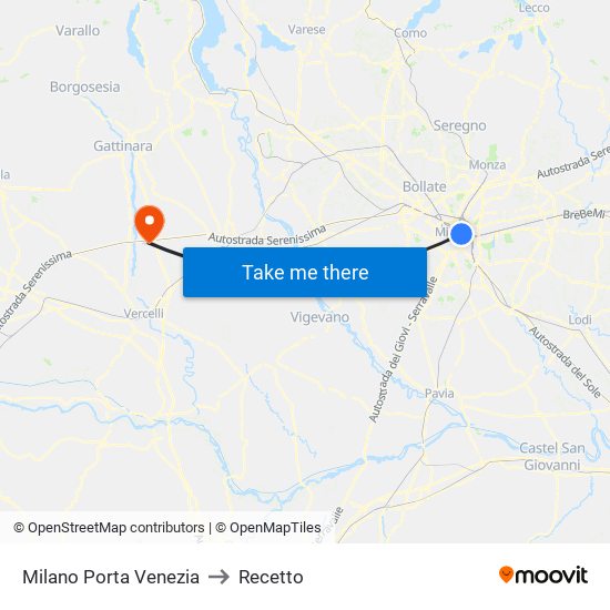 Milano Porta Venezia to Recetto map