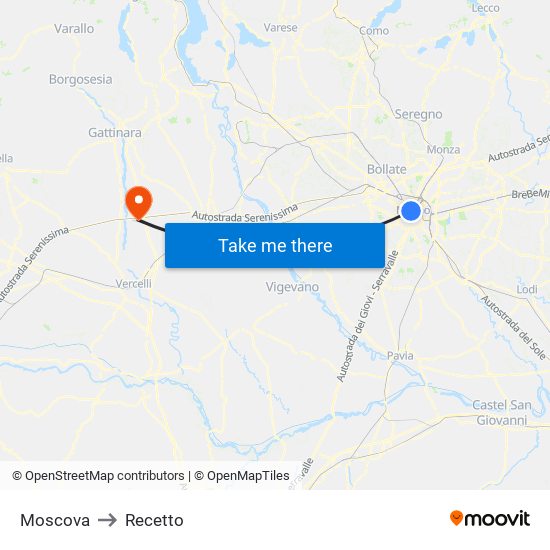 Moscova to Recetto map