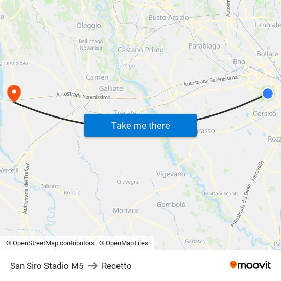 San Siro Stadio M5 to Recetto map