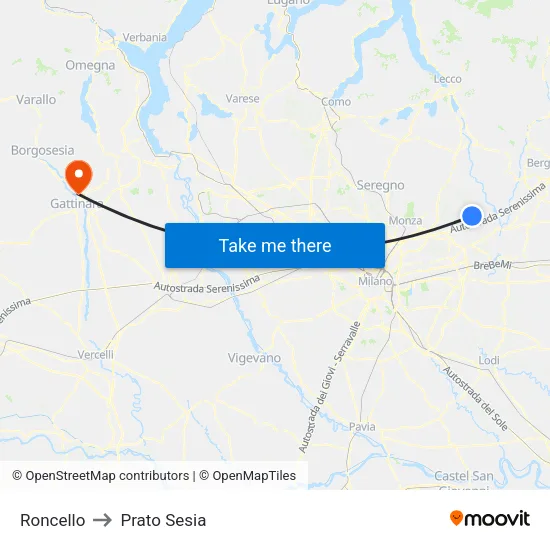 Roncello to Prato Sesia map