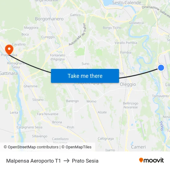 Malpensa Aeroporto T1 to Prato Sesia map