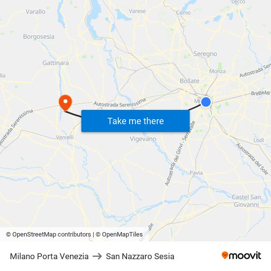 Milano Porta Venezia to San Nazzaro Sesia map