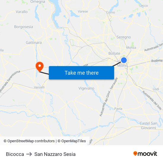 Bicocca to San Nazzaro Sesia map