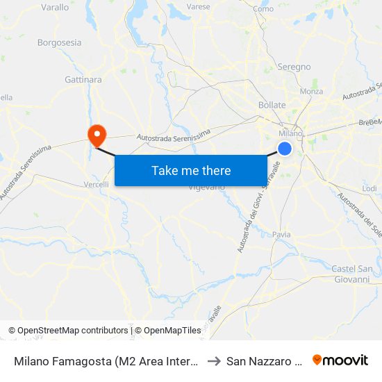 Milano Famagosta (M2 Area Interscambio) to San Nazzaro Sesia map
