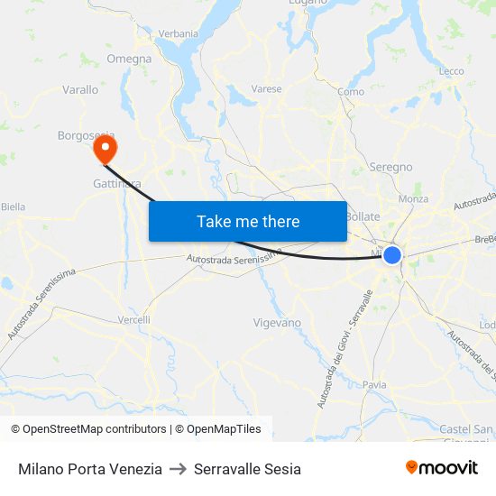 Milano Porta Venezia to Serravalle Sesia map