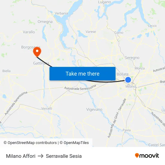 Milano Affori to Serravalle Sesia map