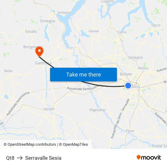 Qt8 to Serravalle Sesia map