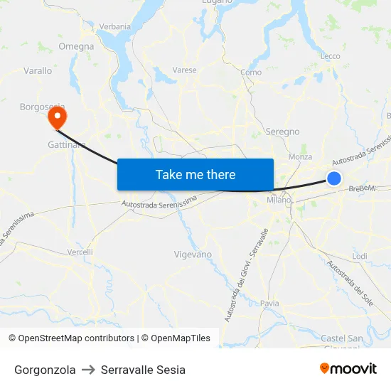 Gorgonzola to Serravalle Sesia map