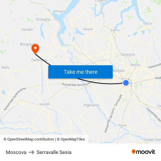 Moscova to Serravalle Sesia map