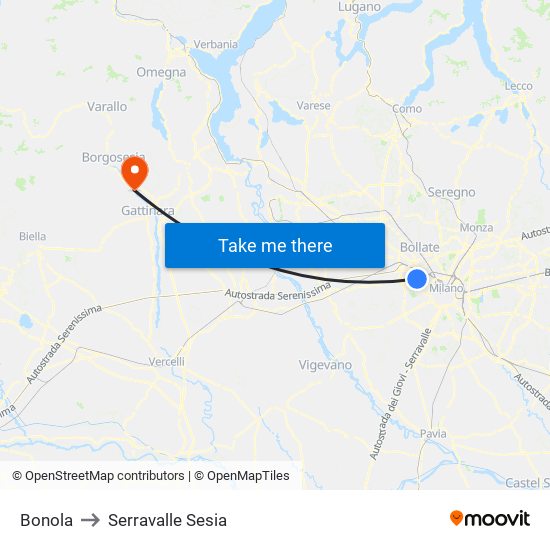 Bonola to Serravalle Sesia map