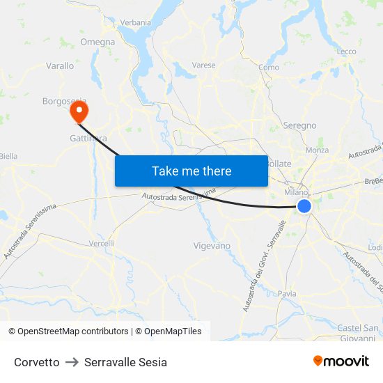 Corvetto to Serravalle Sesia map
