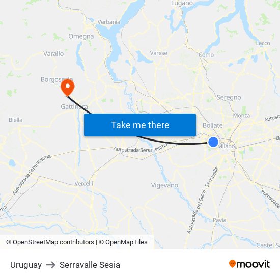 Uruguay to Serravalle Sesia map
