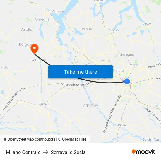 Milano Centrale to Serravalle Sesia map