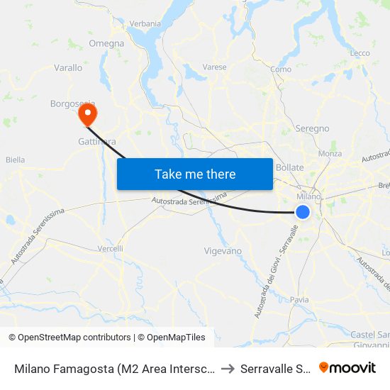 Milano Famagosta (M2 Area Interscambio) to Serravalle Sesia map