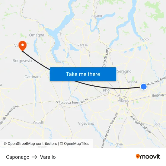 Caponago to Varallo map