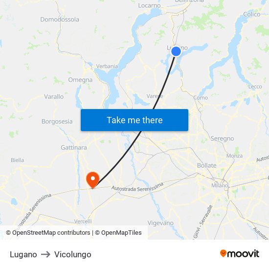 Lugano to Vicolungo map
