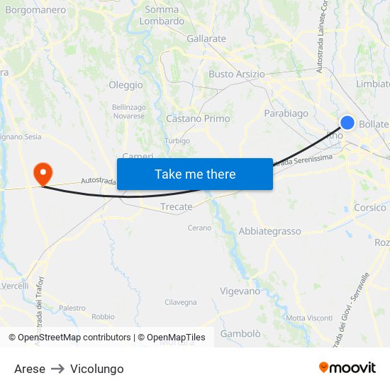 Arese to Vicolungo map