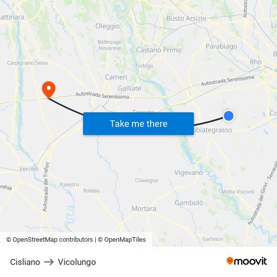 Cisliano to Vicolungo map