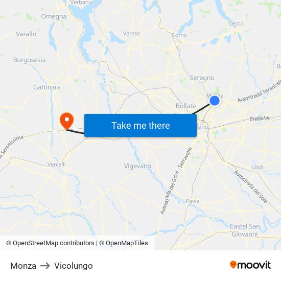 Monza to Vicolungo map