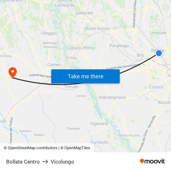Bollate Centro to Vicolungo map
