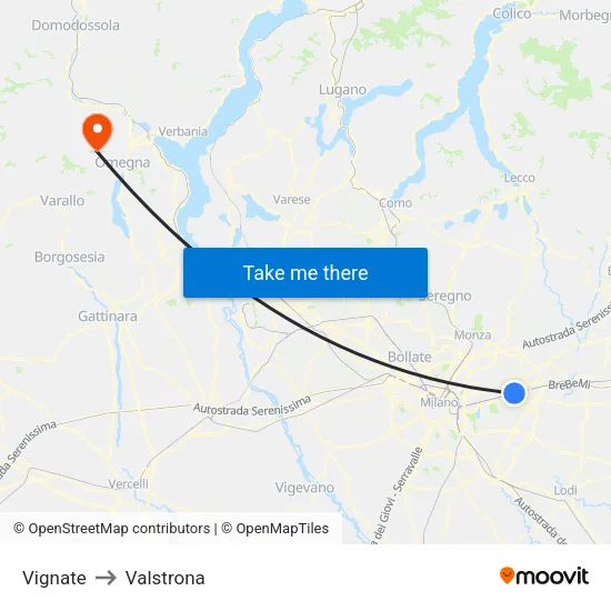 Vignate to Valstrona map
