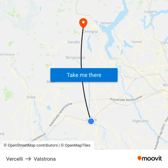 Vercelli to Valstrona map