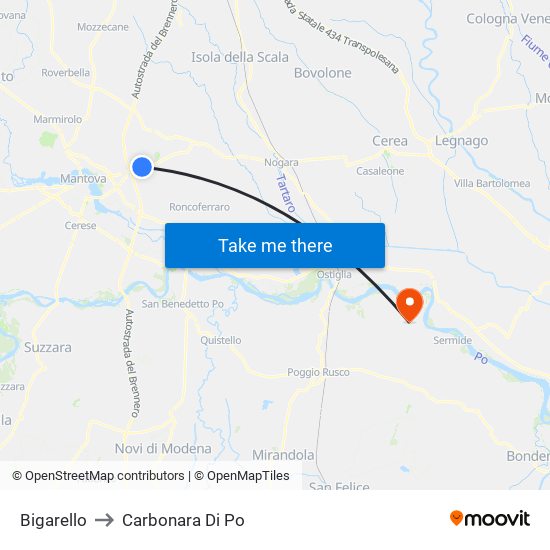 Bigarello to Carbonara Di Po map