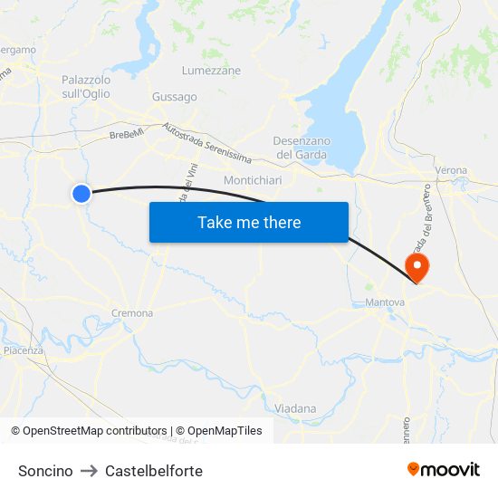 Soncino to Castelbelforte map