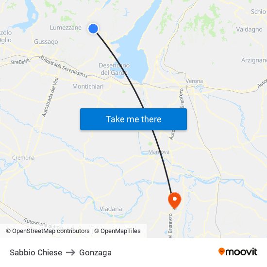 Sabbio Chiese to Gonzaga map