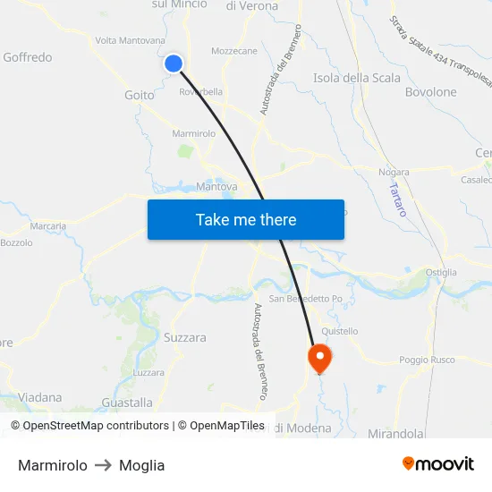 Marmirolo to Moglia map