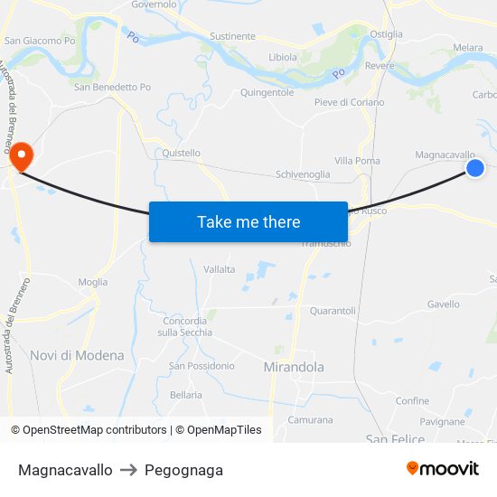 Magnacavallo to Pegognaga map