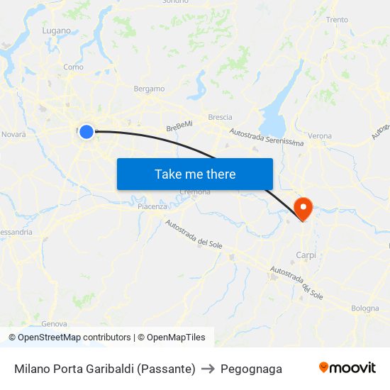 Milano Porta Garibaldi (Passante) to Pegognaga map