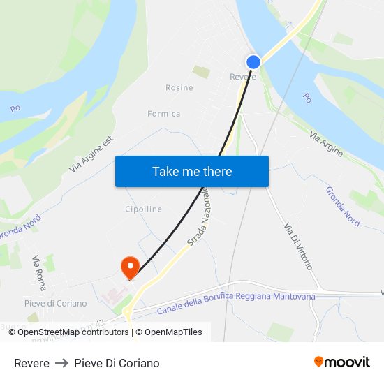 Revere to Pieve Di Coriano map