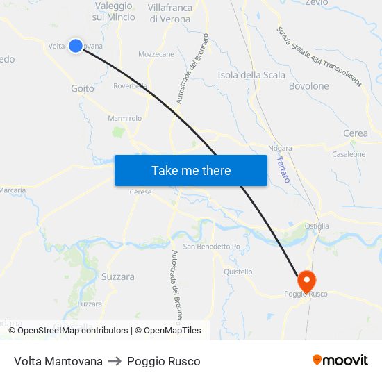 Volta Mantovana to Poggio Rusco map