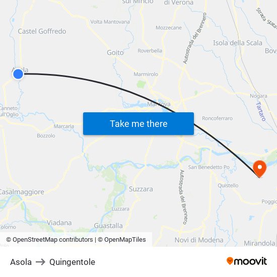 Asola to Quingentole map