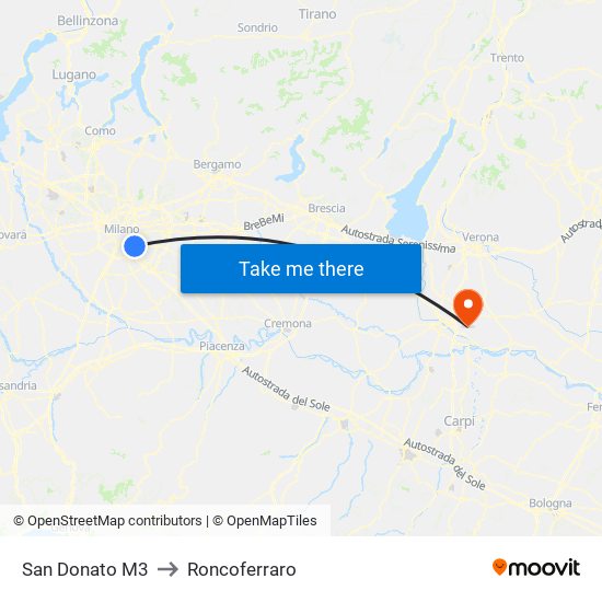 San Donato M3 to Roncoferraro map