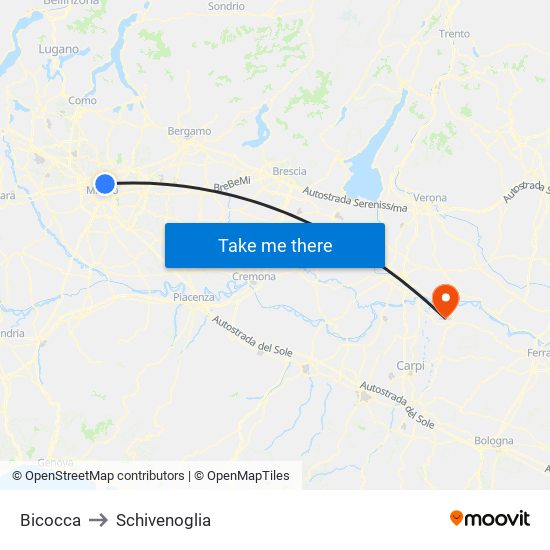 Bicocca to Schivenoglia map