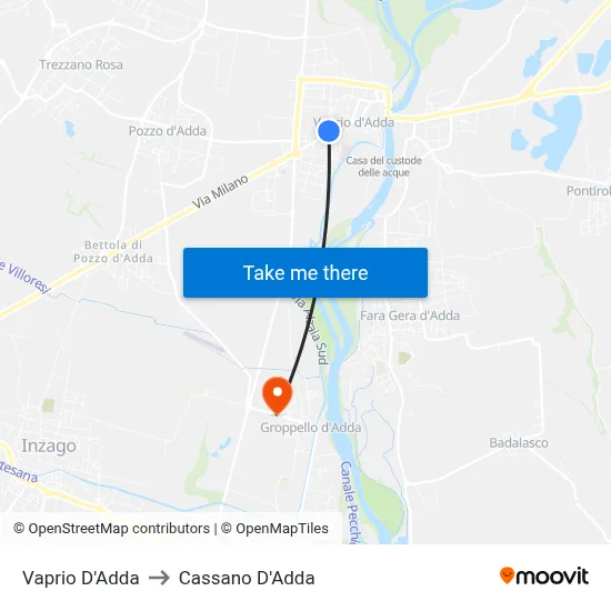 Vaprio D'Adda to Cassano D'Adda map