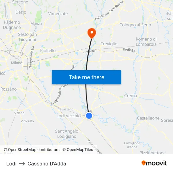 Lodi to Cassano D'Adda map