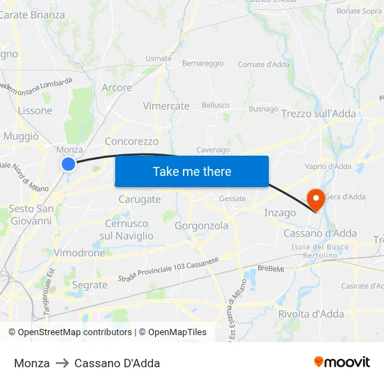 Monza to Cassano D'Adda map