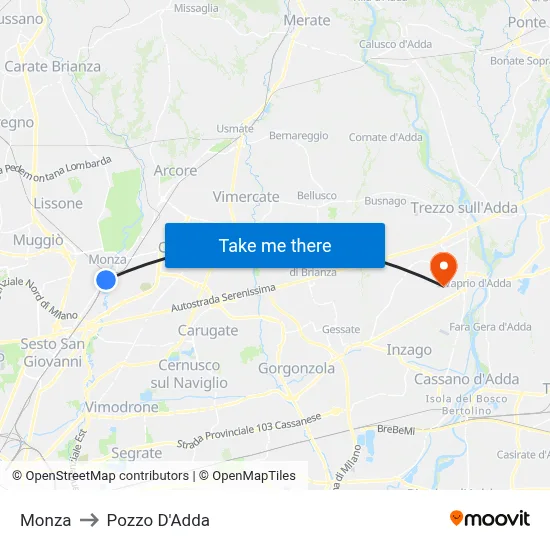 Monza to Pozzo D'Adda map