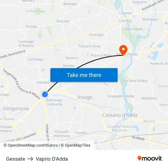 Gessate to Vaprio D'Adda map