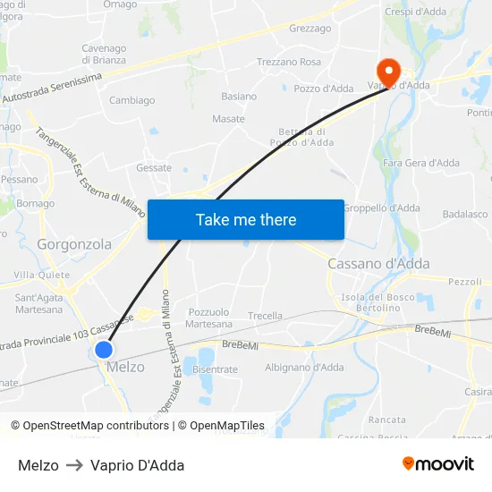 Melzo to Vaprio D'Adda map